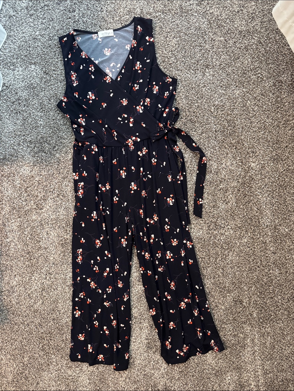 Stitch Fix  Navy Sleeveless Floral Wrap Jumpsuit with Red & White Blossoms